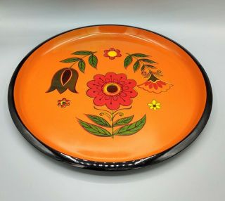 Vintage Large Round Orange Floral Decal Plastic Serving Tray Japan
