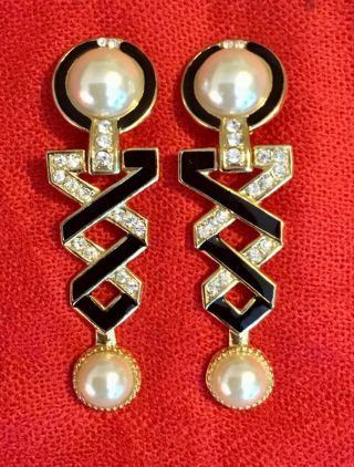 Vintage 3 1/4” Unsigned Black Enamel Pearl & Rhinestone Clip Earrings
