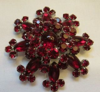 Vintage Rhinestone Brooch Ruby Red Faceted And Cabochon Stones 2 1/2 " Hi - End
