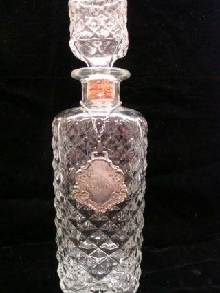 Vintage Square Diamond Cut Glass Liquor Decanter With Pewter Tag - Brandy
