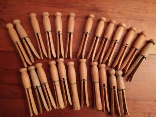 (24pcs) Vintage Wooden Clothes Pins Round Head Flat Top W/ Metal Wire
