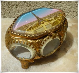 Antique French Gold Ormolu Jewelry Casket Box Beveled Glass Eiffel Tower Paris