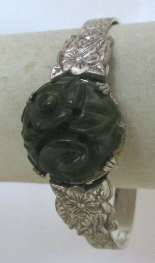 Vintage Carved Green Bakelite Cabochon Cuff Bracelet