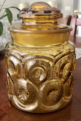 Vintage Le Smith Moon And Stars Amber Glass Apothecary 7” Jar Canister With Lid