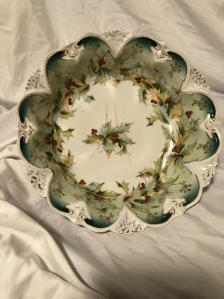 Antique Christmas Holly Berry Ptd.  Bowl Porcelain Limoges Style S&t Rs Germany
