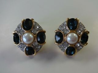 Vintage Signed Marvella Green/crystal Rhinestone Faux Pearl Clip Earrings