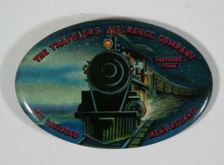 C1905 Celluloid Advertising Pocket Mirror - Travelers Insurance Railroad Workers