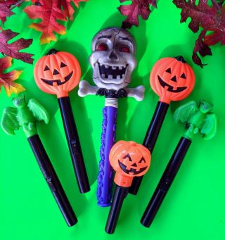 5 Vintage Halloween Blow Mold Flashlights Skull Pumpkins And Bats All Work