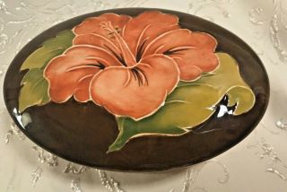 Vintage Moorcroft Pottery Hibiscus Flower Design Oval Lidded Trinket Box W/label