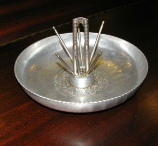 Vintage Metalware/hammered/hand Forged Aluminum Dish W/ Nut Cracker & Picks