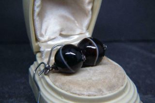 Fine Antique Victorian Silver & Banded Agate Bead Earrings