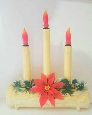 Vintage Christmas Plastic Lighted Yule Log Electric 3 Candle W Bulbs