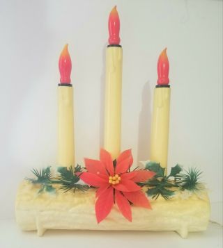 VINTAGE CHRISTMAS PLASTIC LIGHTED YULE LOG ELECTRIC 3 CANDLE w BULBS 2