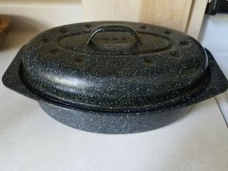 Vintage Dark Blue Speckled Roaster Roasting Pan Enamel Small 13 Inches Long Usa