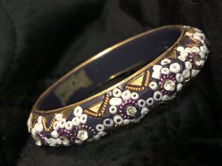 Vintage Bangle Bracelet India Brass Glass Beads Purple White Rhinestone