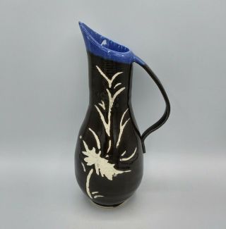 Vtg Ceramic Art Pottery Tall Pitcher Vase Floral Blue Black White Artist Signed