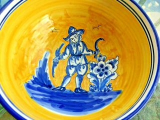 Vintage Hand Painted Ceramic Bowl Yellow & Blue Man In Fields Made In Portugal