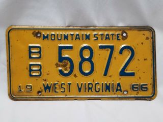 Vintage West Virginia 1966 License Plate Mountain State Mountaineers Collectible