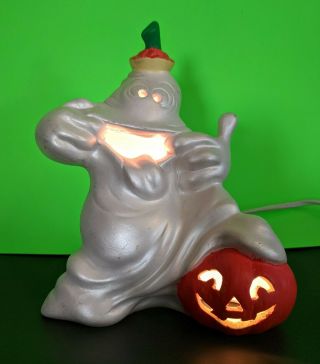 Vintage Holland Mold Ceramic Light Up Ghost W/pumpkin Halloween Decor