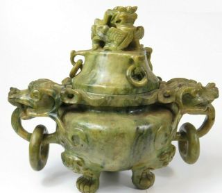 Vtg Chinese Carved Jade Censer Incense Burner Dragon Beast Hoops Tripod Large