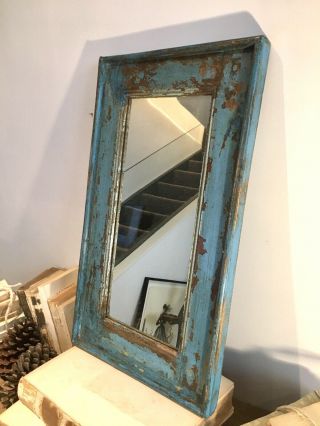 Antique Vintage Salvage Indian Arched Mughal Art Deco Mirror Blue Paint