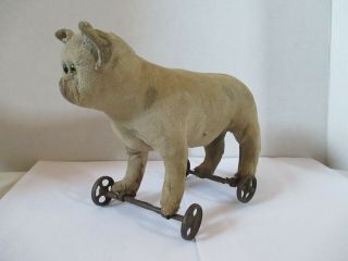 Antique Cat Pull Toy With Glass Eyes And Metal Wheels 9 Inches Long