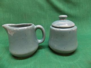 Vintage Bybee Pottery Small Sugar Bowl With Lid And Creamer Pitcher.  Blue - Gray