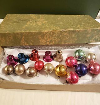Box Of Vintage Small Feather Tree Glass Ball Aluminum Bell Ornaments