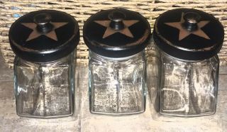 Vintage Apothecary Glass 3 Canister Set Jars Wood Lids Black Americana Tan Stars
