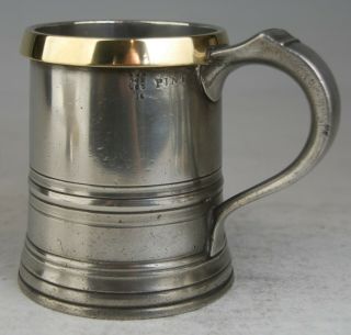 Heavy Antique Brass Rimmed Pewter Pint Tankard Mug Measure - Loftus C1900