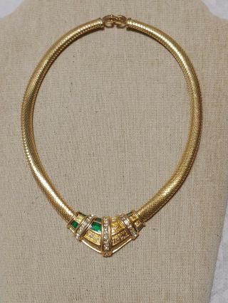 Vtg Christian Dior Faux Emerald Gold Tone Collar Necklace 16 "