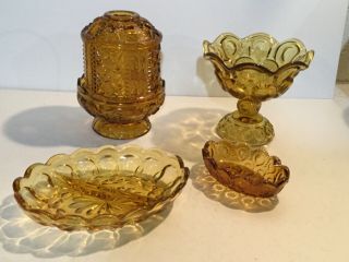 Vtg Le Smith Amber Glass Compote Candy Dish Moon & Stars &bars Fairy Lamp Ashtra