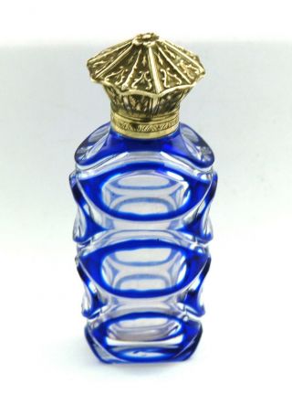 Antique Vintage Perfume Scent Bottle - Blue Overlay Large Silver Chased Lid C1880