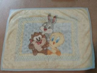 Vintage Looney Tunes Baby Blanket Taz Bugs Bunny Tweety Yellow Blue 29x39 "