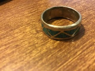 Vintage Crushed Turquoise Inlay Ring Sterling Silver Navajo Trading Post Sz 7.  5