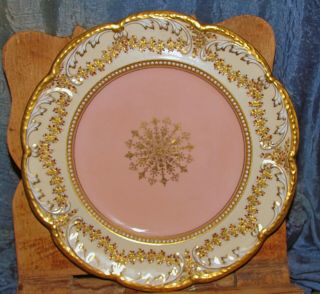 Antique Coalport Porcelain Cabinet Plate Pink Raised Gold Jeweled & Moriage