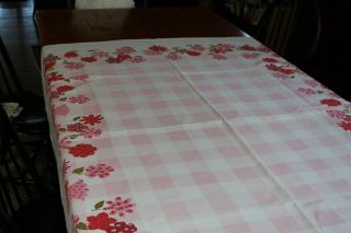 Vintage Cotton Tablecloth 54x66 Pink White Checks With Posies