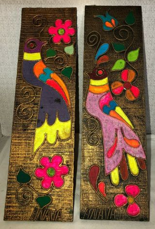 2 Vintage Mid Century Colorful Kitschy Bird Plaques,  Folk Art Craft