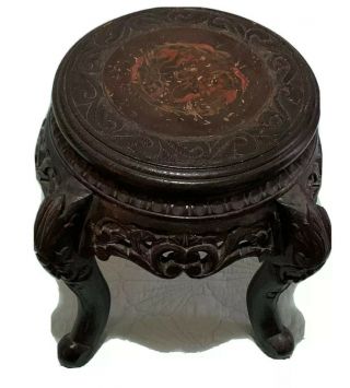 Antique Chinese Carved Wood Stand Pedestal With Painted Dragon