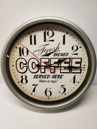 Retro Vintage Style Fresh Brewed Coffee Served Here 11.  5 " Wall Clock