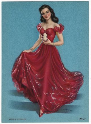 Vintage 1940s Glamour Pin - Up In Red Ball Gown Print Looking Forward Jules Erbit