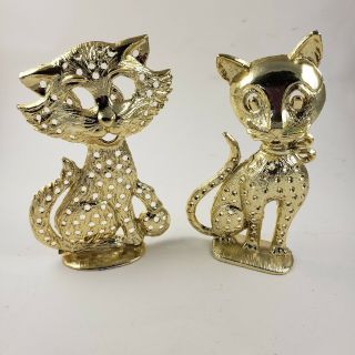 Vintage Kitty Cats Gold Metal Pierced Earring Tree Display Holders Set Of 2