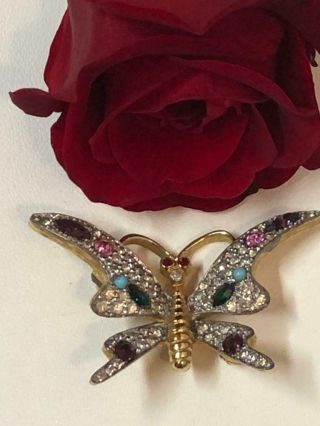 Vtg Signed Jomaz Clear & Multi Color Rhinestones Gold - Tone Butterfly Brooch Pin