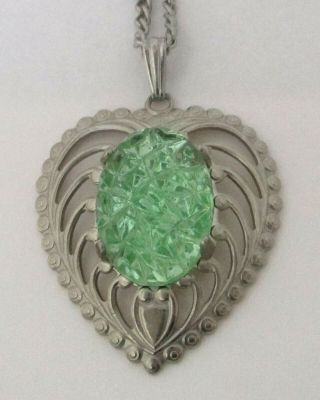 Vintage Carved Peridot - Green Glass Cabochon Heart Pendant Necklace