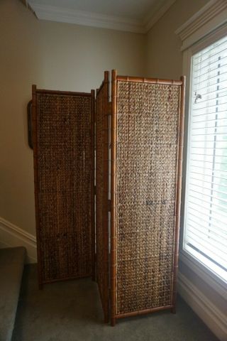 Vintage Woven Seagrass 3 Panel Wooden Room Divider,  Natural - Local Pick Up Only