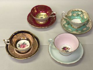 Set Of 4: English Bone China Teacups And Saucers (paragon And Grosvenor)