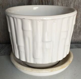 Vintage Mccoy Pottery Bamboo White Flower Pot Planter & Saucer 0373
