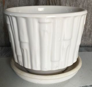 Vintage McCoy Pottery Bamboo White Flower Pot Planter & Saucer 0373 2