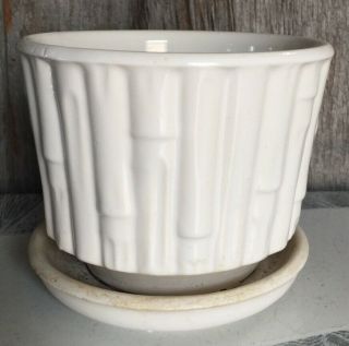 Vintage McCoy Pottery Bamboo White Flower Pot Planter & Saucer 0373 3