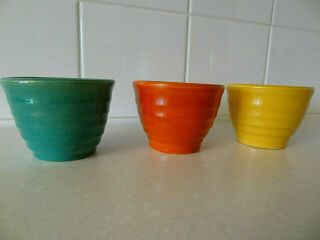 Vintage Garden City Pottery Custard Cup Set Of 3 Green Orange Yellow Ringware